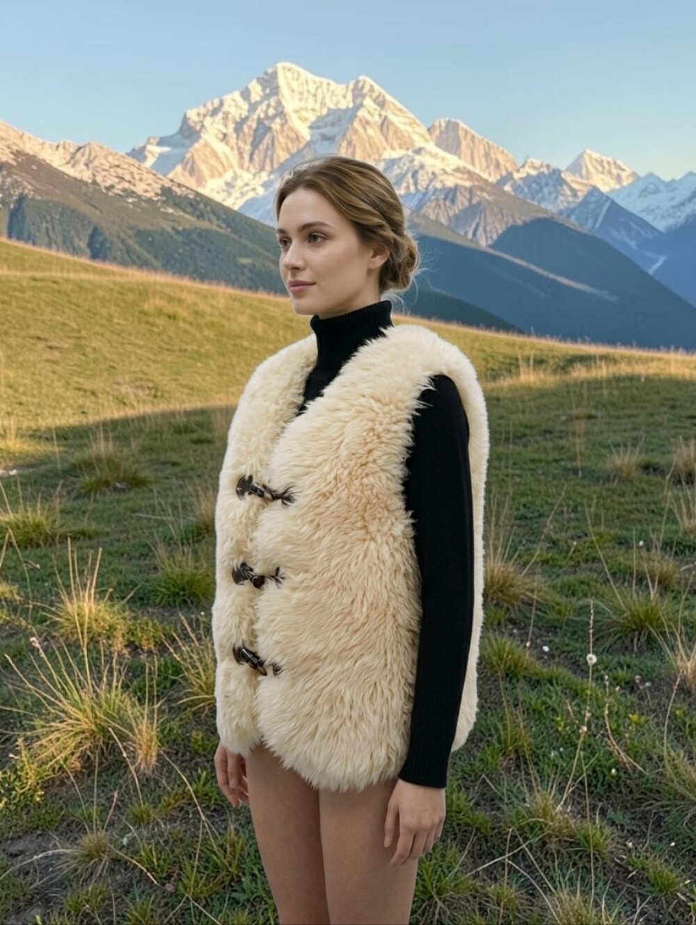 Vintage Canadian Sheepskin Shearling Fur Vest Cream Toggle Closure Medium